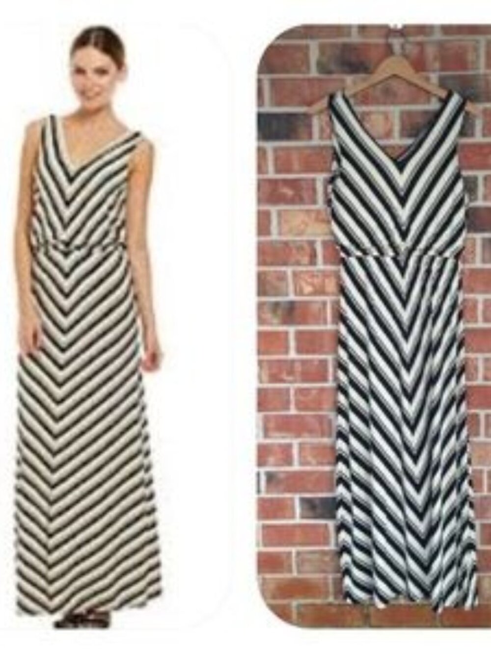 Calvin Klein Black Tan Chevron Sleeveless Deep V Jersey Knit Maxi Dress Size 14*